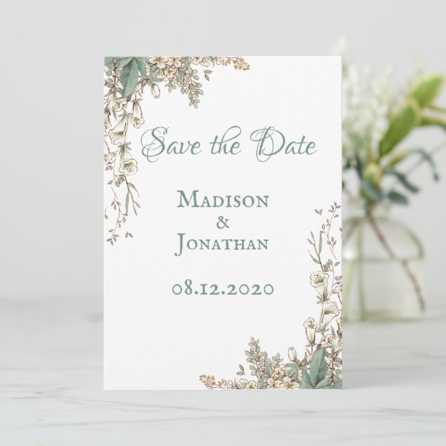 Save The Date Élégante verdure Floral Script Mariage (Debout devant)