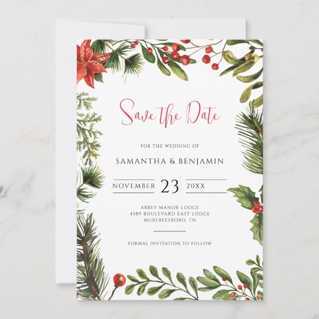 Save The Date Élégante verdure Hiver Automne Floral Mariage (Devant)