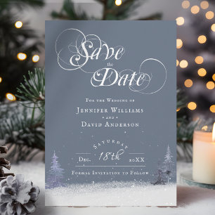 Save The Date Elégante Wonderland hiver à thème Dusty Blue neige