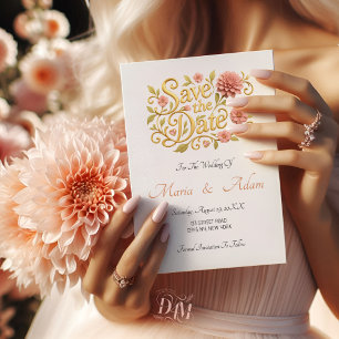 Save The Date Élégantes Dahlias Rose Mariage Photo Script Doré