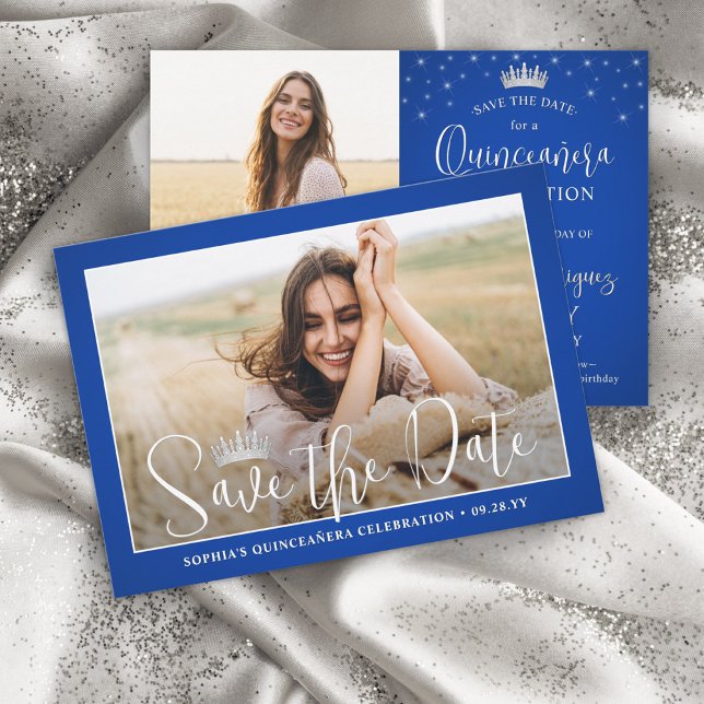 Save The Date Élégantes étincelles Quinceañera 2 Photo Royal Blu (Créateur téléchargé)