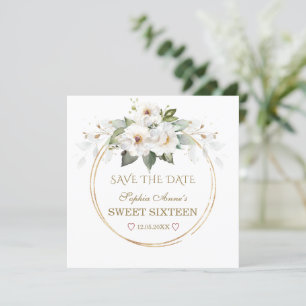 Save The Date Élégantes fleurs blanches Sweet sixteen or