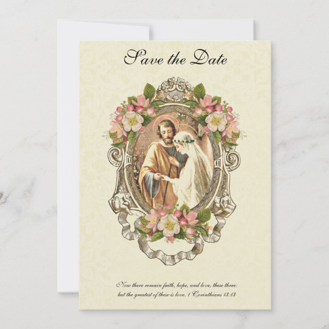 Save The Date Élégantes Fleurs Traditionnelles Catholiques Vinta (Devant)