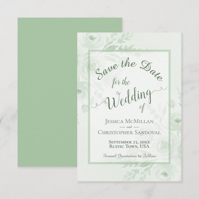 Save The Date Élégantes pivoines aquarelles vert sauge Mariage B (Devant / Derrière)