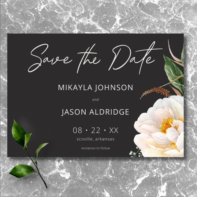 Save The Date Élégantes Pivoines Blanches Modernes sur Mariage N (Modern Elegant White Peonies on Black Wedding Save The Date)