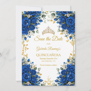 Save The Date Élégantes Roses Bleu Royal Quinceañera Dorée