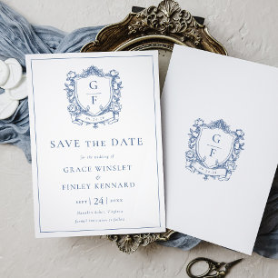 Save The Date Élégantes Roses Françaises Blason Monogramme Bleu 