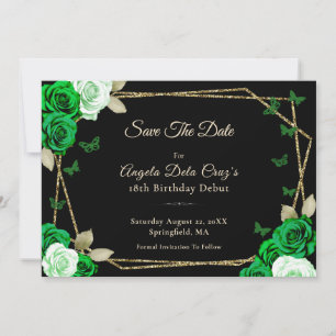 Save The Date Élégantes Roses Vertes Or Noir 18ème Anniversaire