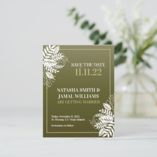 Save The Date Élégants Feuilles blancs, Vert olive