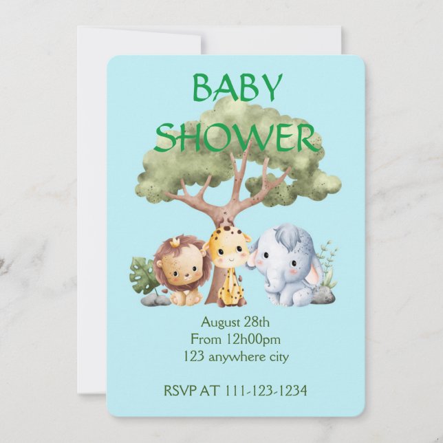 Save The Date Élément bleu girafe lion bébé shower  (Devant)