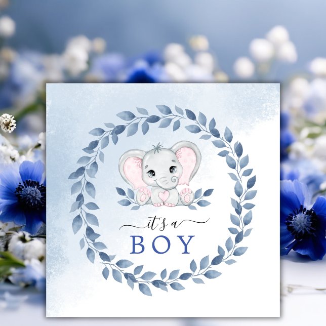 Save The Date Elephant avec des anémones bleues C'est un Baby sh (Elephant With Blue Anemones It's A Boy Baby Shower Save The Date)