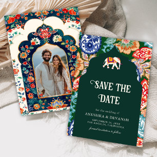 Save The Date Éléphant de l'art populaire indien Vert Émeraude M