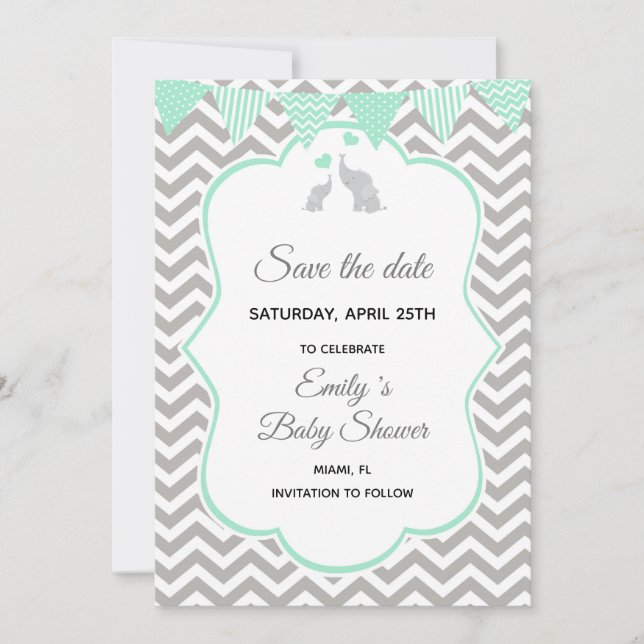 Save The Date Elephant Mint Green Silver (Front)