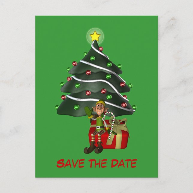 Save The Date Elf Christmas Tree Holiday Postcard (Front)