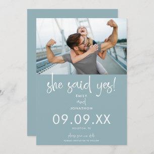 Save The Date Elle A Dit Oui Photo Script Moderne Bleu Dusty Bla