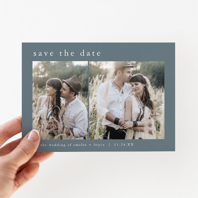Save The Date EMELIA 2 Photo Simple Boho Nuit Sombre Mariage Ble (EMELIA 2 Photo Simple Boho Navy Dark Blue Wedding Save The Date)