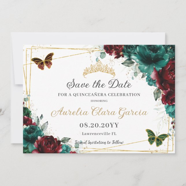 Save The Date Emerald Bourgogne Floral Quinceañera Sweet sixteen (Devant)