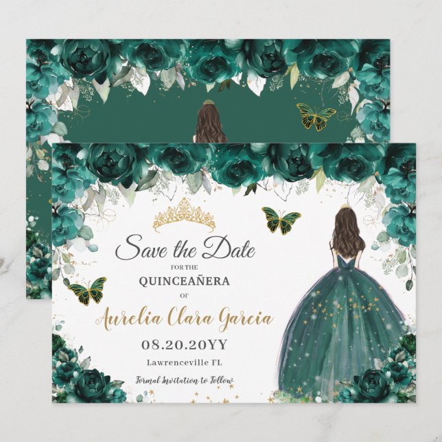 Save The Date Emerald Floral Princess Quinceañera Enregistrer la (Devant / Derrière)