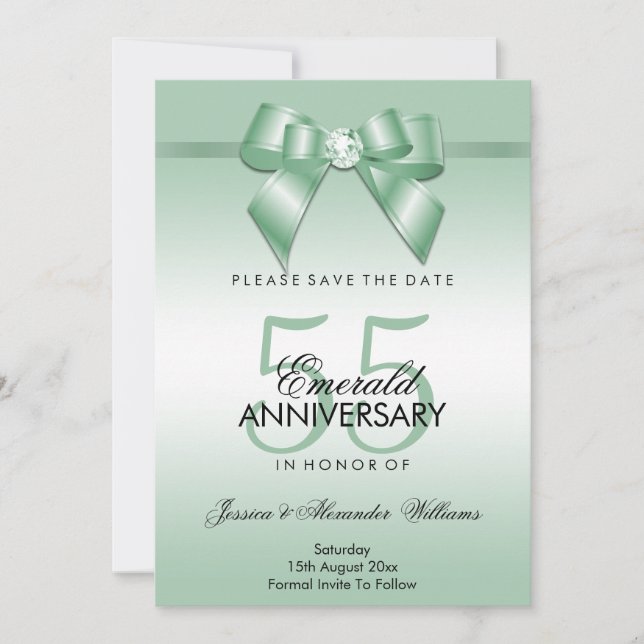 Save The Date Emerald Gem Bow & Ribbon 55e anniversaire de Maria (Devant)