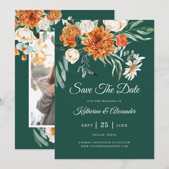 Save The Date Emerald Green Elegant Floral Orange Photo Mariage (Devant / Derrière)