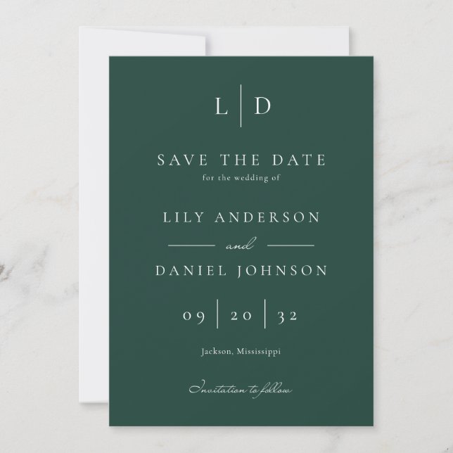 Save The Date Emerald Green Élégant minimaliste Mariage Monogram (Devant)
