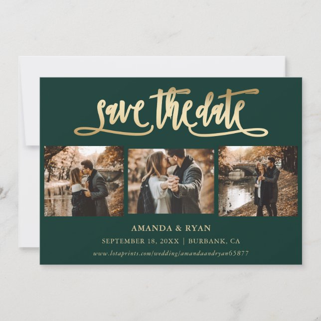 Save The Date Emerald Green et Gold Mariage Photo Enregistrer la (Devant)