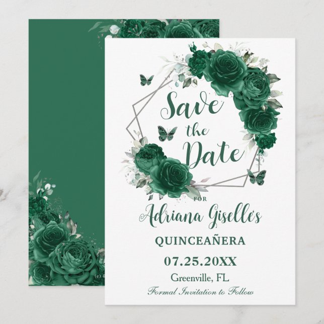 Save The Date Emerald Green Floral Butterflies Sweet 16 Annivers (Devant / Derrière)