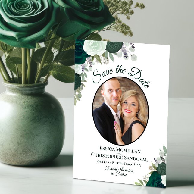 Save The Date Emerald Green Floral Elegant Boho Mariage Photo (Créateur téléchargé)