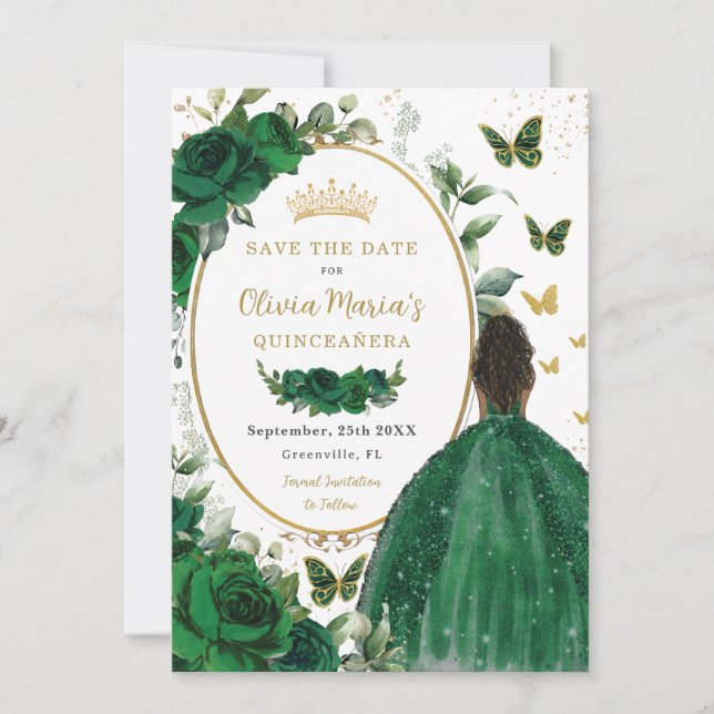Save The Date Emerald Green Floral Princess Gold Quinceañera (Devant)
