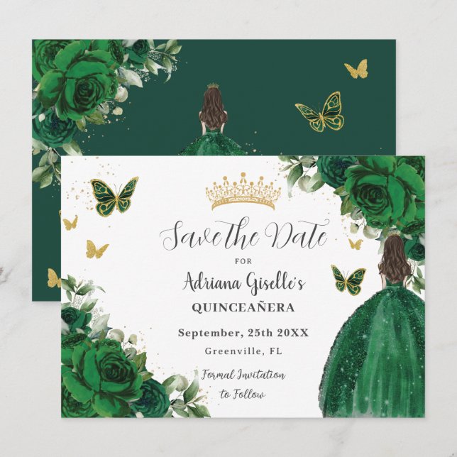 Save The Date Emerald Green Floral Princess Gold Quinceañera (Devant / Derrière)