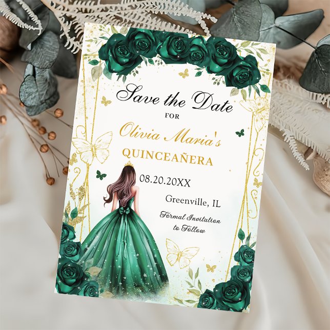 Save The Date Emerald Green Floral Quinceanera Sweet 16 (Créateur téléchargé)