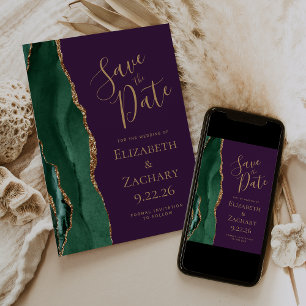 Save The Date Emerald Green Gold Agate Purple Enregistrer la dat