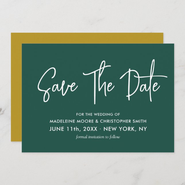 Save The Date Emerald Green & Gold Calligraphy Scan QR Code (Devant / Derrière)