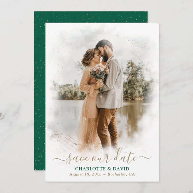 Save The Date Emerald Green Gold Mariage Photo Enregistrer notre (Devant / Derrière)
