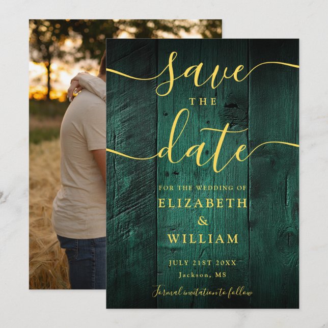 Save The Date Emerald Green Gold Rustic Barn Wood Mariage photo (Devant / Derrière)