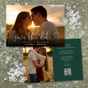 Save The Date Emerald Green Heart Script Photo Mariage QR Code