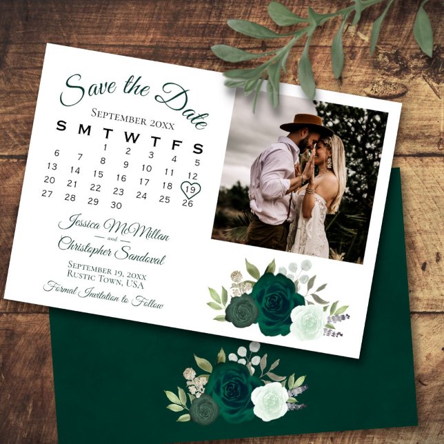 Save The Date Emerald Green Mariage Rose Calendrier et photo (Front/Back)