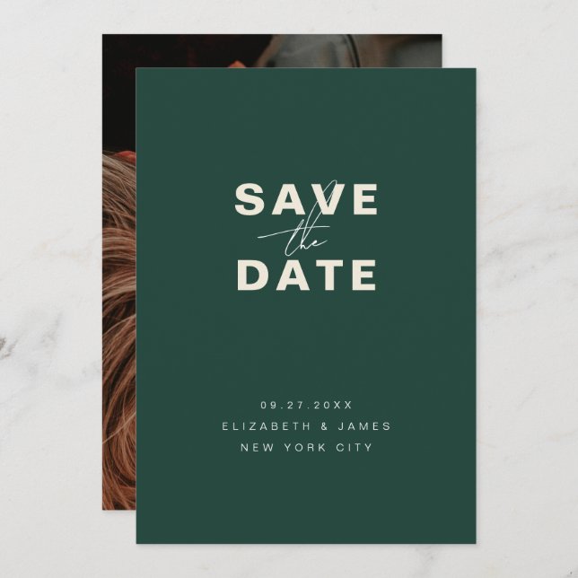 Save The Date Emerald Green Modern Minimalist Enregistrer La Dat (Devant / Derrière)