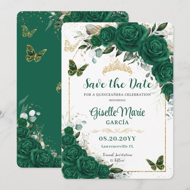 Save The Date Emerald Green Roses Floral Quinceañera Papillons (Devant / Derrière)