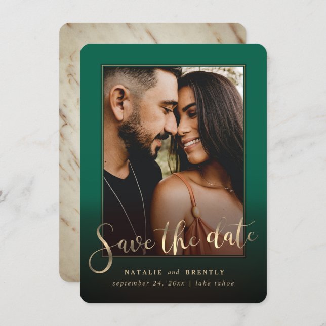 Save The Date Emerald Green Script & Marble Photo Overlay (Devant / Derrière)