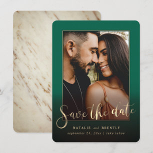 Save The Date Emerald Green Script & Marble Photo Overlay