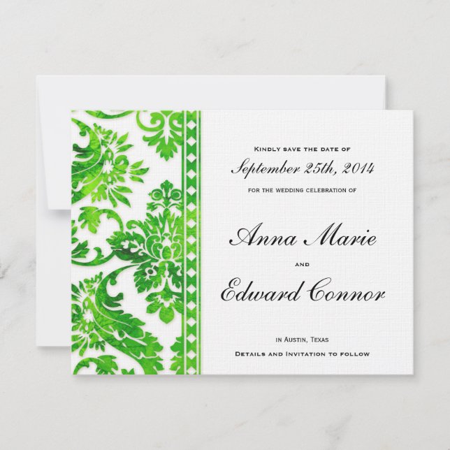 Save The Date Emerald Green Vintage Damask Lace Enregistrer la d (Devant)