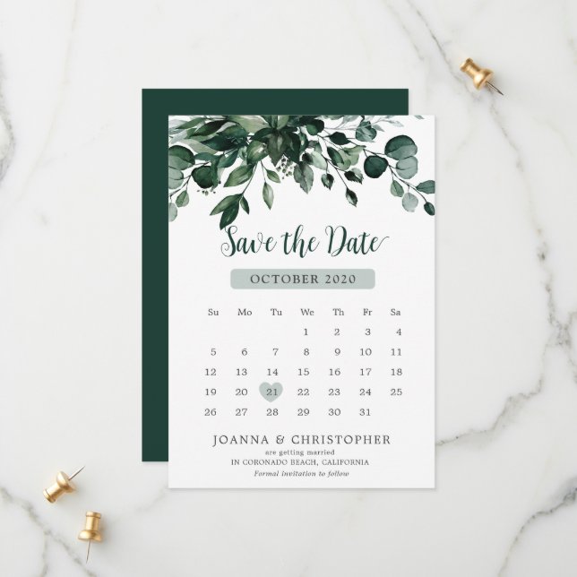 Save The Date Emerald Greenery Eucalyptus Mariage botanique (Devant/Arrière en situation)