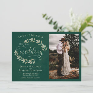 Save The Date Emerald & Sage Green Feuilles & Photo Rustic Maria