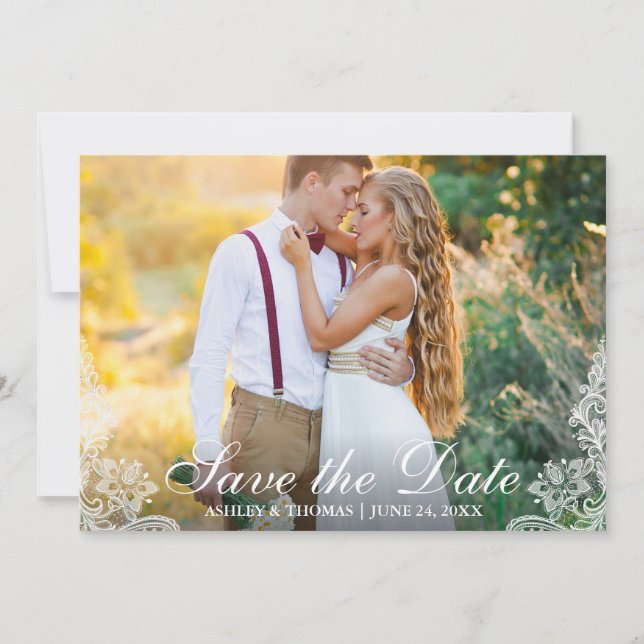 Save the Date Engagement Couple Photo Lace Card (Front)