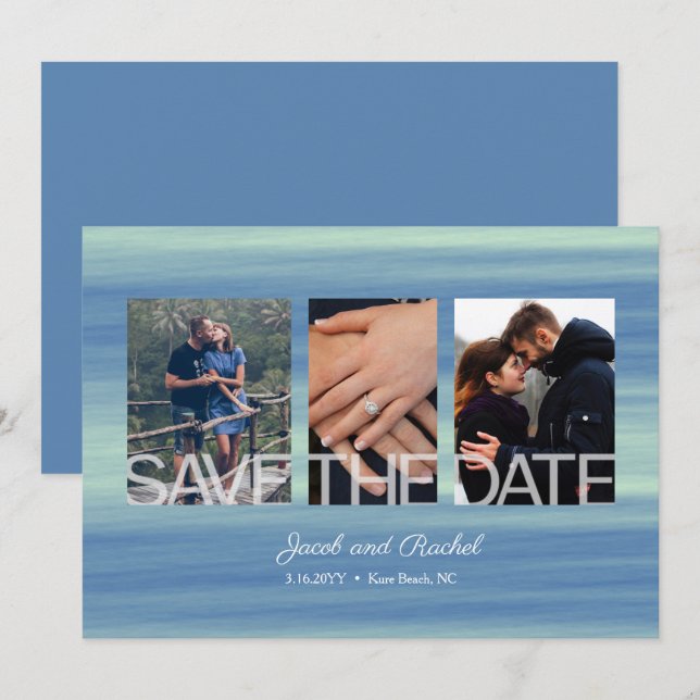 Save The Date Enregistrer la date 3-Photo Collage Blue Beach Wed (Devant / Derrière)