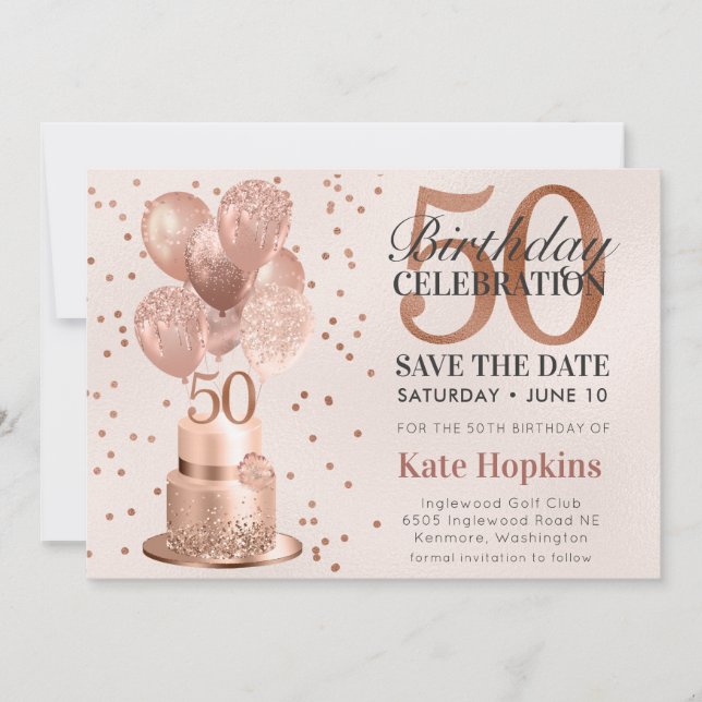 Save The Date Enregistrer La Date 50e Anniversaire Rose Gold Cak (Devant)