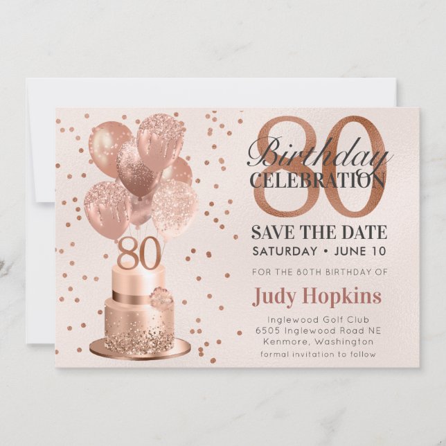 Save The Date Enregistrer La Date 80e Anniversaire Rose Gold Cak (Devant)