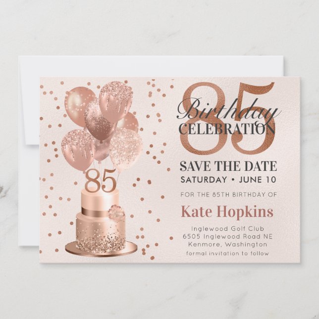 Save The Date Enregistrer La Date 85e Anniversaire Rose Gold Cak (Devant)