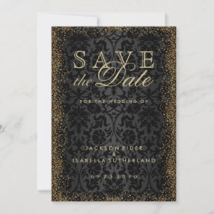 Save The Date Enregistrer la date Black Damask et Gold Confetti